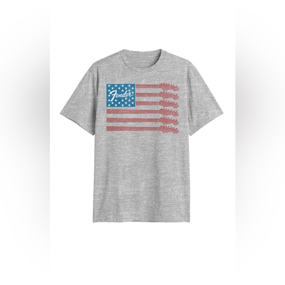 Mad Engine Fender Grey Tee Red & Blue American Flag Guitar Medium Oversized